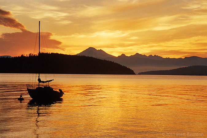 San Juan Islands sunset, Sailboat, Mount Baker